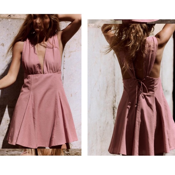 Zara Linen dress Mauve Fit & Flare day brunch casual‎ neutral muted mini XS